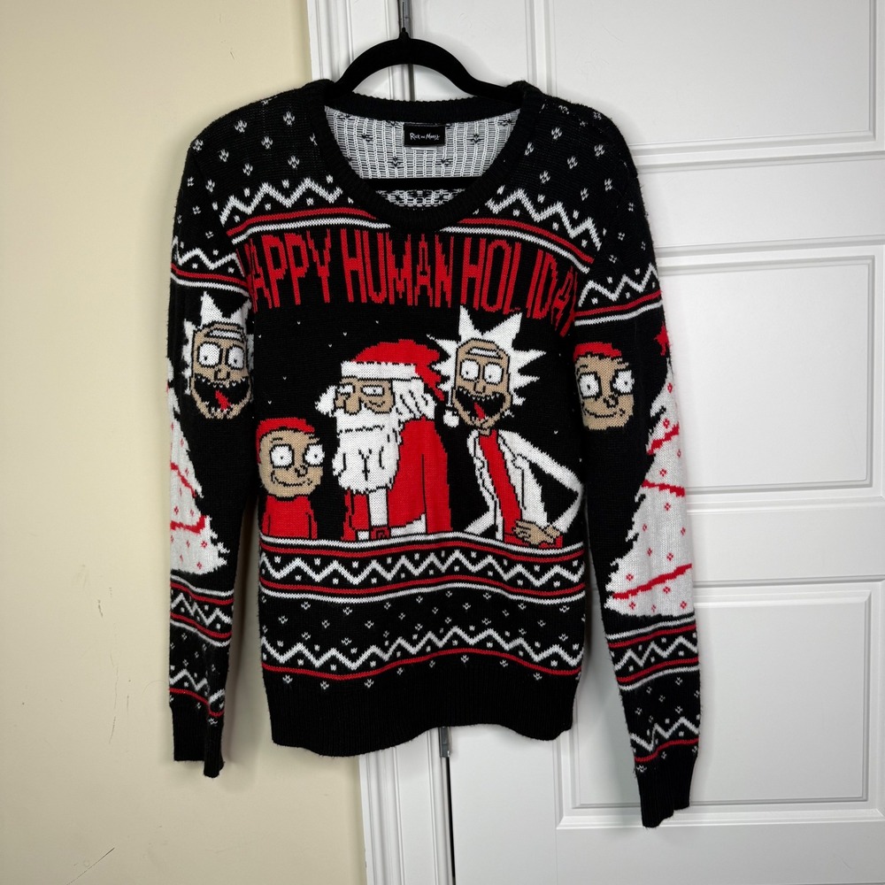 Rick and Morty Happy Human Holiday Sweater Mens Small Black Ugly Christmas Knit